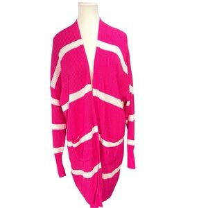 Haptics Pink & White Striped Open Cardigan - 1X